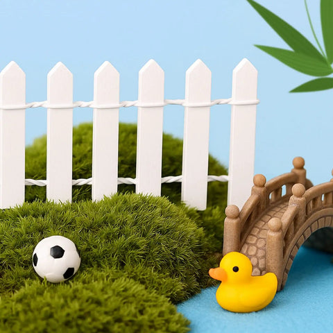 40 Inch Fairy Garden Fence Kit For Micro Landscape Mini Pot Decor Wooden Trim Fence For Dollhouses And Plant Pots DIY Christmas Moss Accent Natural Wood Finish Totally Cool And Durable displayed with toy bridge and duck on moss