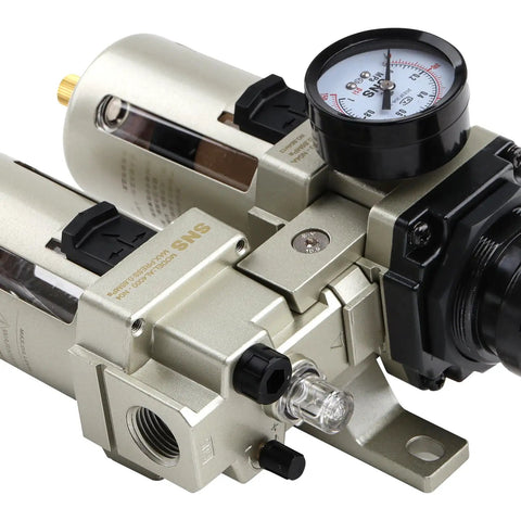 Half Inch NPT Compressed Air Filter Regulator Lubricator Two Units FRL Combo with Gauge, Poly Bowl, and Metal Guard