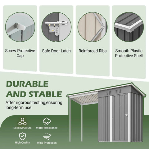 Diagram showing features of Waterproof 9.6 Ft By 2.3 Ft Storage Shed With Gazebo Porch including latch, ribs, and roof detail.
