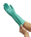 Person wearing Green Nitrile Chemical Resistant Gloves G80 Level 2 13 Inch Long 15 Mil Thick Textured Fingertips Cotton Flock Lined Medium