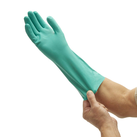 Person wearing Green Nitrile Chemical Resistant Gloves G80 Level 2 13 Inch Long 15 Mil Thick Textured Fingertips Cotton Flock Lined Medium