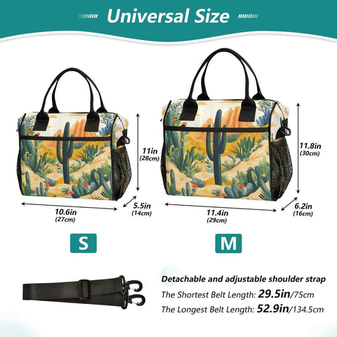 Insulated Lunch Bag With Adjustable Shoulder Strap, Tropical Summer Desert Cactus Print, sizes S and M with dimensions