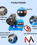 12V Portable Hydraulic Hose Crimper With 13 Quick Swap Dies showing precision controls, emergency stop, and battery connections.