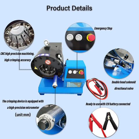 12V Portable Hydraulic Hose Crimper With 13 Quick Swap Dies showing precision controls, emergency stop, and battery connections.