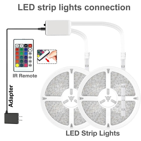 Connection setup of Led Strip Lights 200ft Two Rolls For Bedroom With App And Remote Control showing adapter and IR remote.