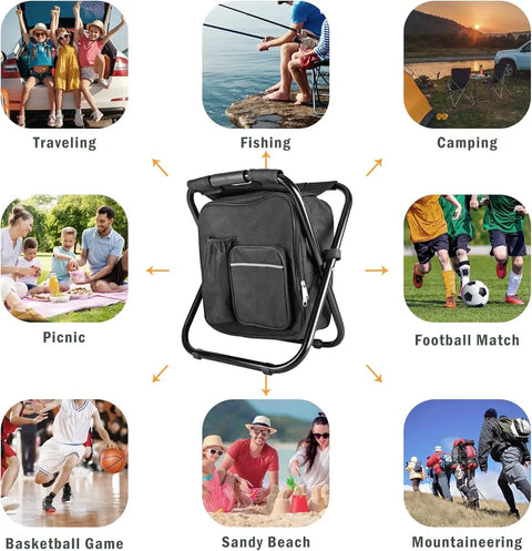 Backpack Stool Chair With Cooler All In One Heavy Duty Folding Seat For Camping And Fishing 300 Lb Max Load Portable Lightweight Camp Stool Cooler For Hunting Black with examples of different outdoor activities.