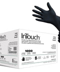 InTouch B311 Black Nitrile Exam Gloves Disposable Latex Free Large 1000 Count Heavy Duty Hand Protection box and glove being worn