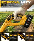 User holding a Cordless Tiller With 48 Steel Tines, 9 Inch Tilling Width And 6.7 Inch Depth, Dual 3.0Ah 21V Batteries And Charger.