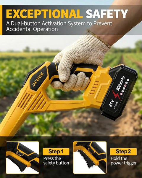 User holding a Cordless Tiller With 48 Steel Tines, 9 Inch Tilling Width And 6.7 Inch Depth, Dual 3.0Ah 21V Batteries And Charger.