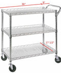 Heavy Duty 3 Tier Rolling Utility Cart On Wheels With Wire Shelves And Handle Bar 45L By 17.5D By 45H Commercial Grade Metal Serving Cart.