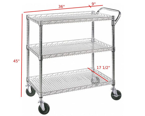 Heavy Duty 3 Tier Rolling Utility Cart On Wheels With Wire Shelves And Handle Bar 45L By 17.5D By 45H Commercial Grade Metal Serving Cart.