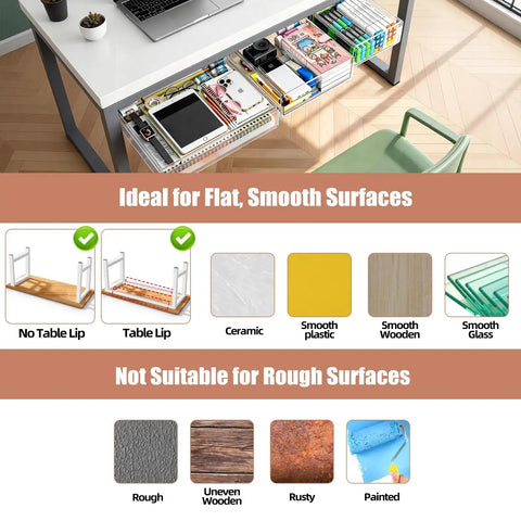 3 Pack Clear Under Desk Slide Out Organizers With Dual Adhesive Or Screw Mount Installation Sliding Into Tight Gaps To Declutter Fast And Make Your Home Office Desk Setup A Legit Game Changer - compatibility guide for surfaces.