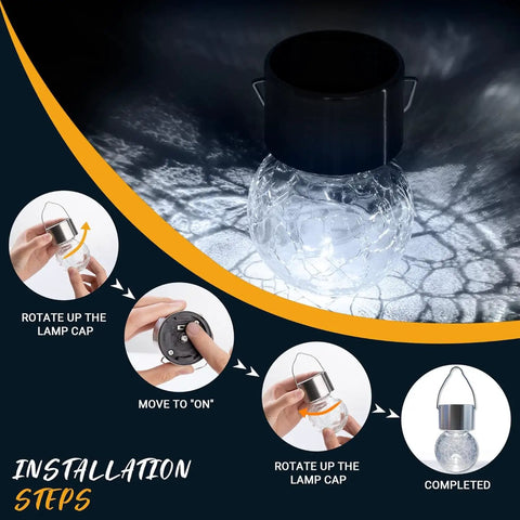 Installation steps for 8 Pack Outdoor Solar Hanging Lights Waterproof Lanterns For Garden Decor Cold White Cracked Glass