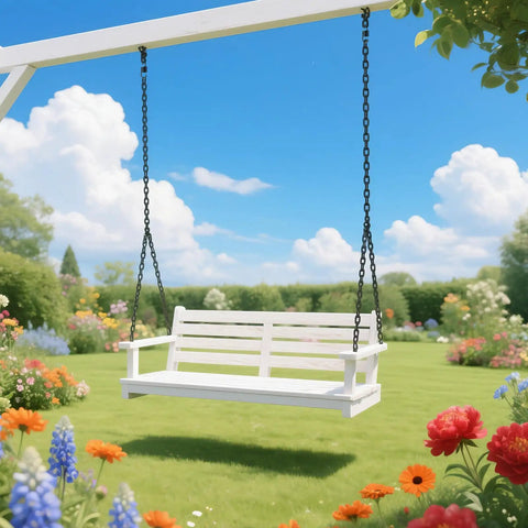 White wooden porch swing with black chains in a garden with colorful flowers under a blue sky with clouds.