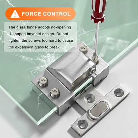 Rock Solid Brushed Steel Hydraulic Glass Door Hinge Dead Quiet Self Closing System detail with screwdriver on U-shaped bayonet design.