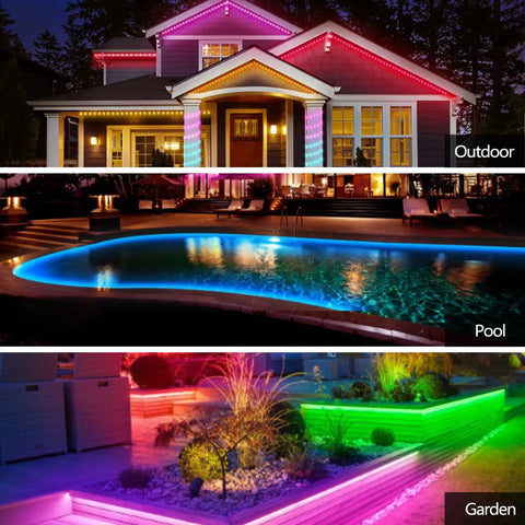 IP68 Waterproof LED Strip Lights USB Powered 5V With Music Sync Bluetooth App And RF Remote installed outdoors, around a pool, and in a garden.