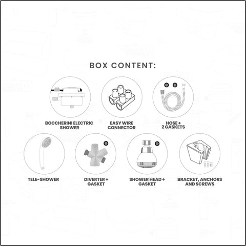 Box content of Electric Shower Head 110V Point Of Use Shower Unit with Dual Spray System, including connectors and gaskets.