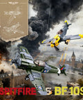 World War II Spitfire And BF109 1 To 32 Scale Building Block Set 2 In 1 Dual Model flying above city with clouds