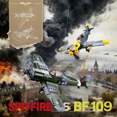 World War II Spitfire And BF109 1 To 32 Scale Building Block Set 2 In 1 Dual Model flying above city with clouds