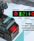 Hella Powerful 26V Cordless Rivet Gun With Automatic Riveting For M3 To M12 Stainless Steel And Aluminum Rivet Nut Tool display panel showing battery and mode settings.