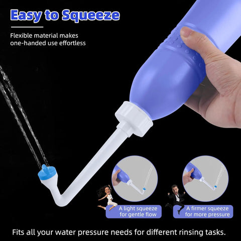 Portable Bidet Sprayer For Personal Hygiene 620ml Travel Bottle With Extended Nozzle being squeezed for easy water spray.