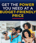 Family watching TV together in living room, smiling with remote control, text above: 'Get the power you need at a budget-friendly price'.