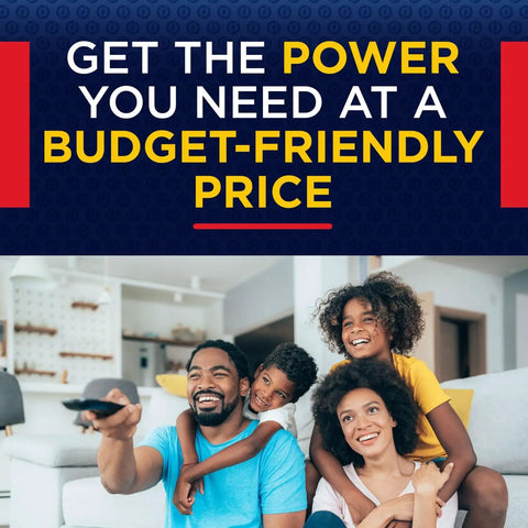 Family watching TV together in living room, smiling with remote control, text above: 'Get the power you need at a budget-friendly price'.