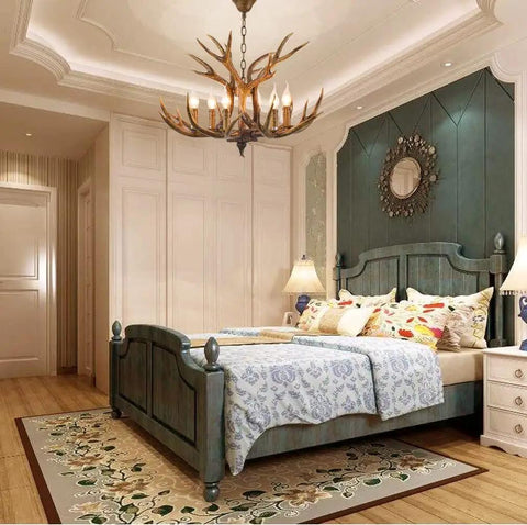 Bedroom with Six Light Rustic Antler Chandelier With Resin Deer Horns Brown Finish E12 Base Ideal For Living Room Bedroom And Dining Room Farmhouse Ceiling Light Easy To Install Bulbs Not Included For A Cozy Warm Rustic Vibe