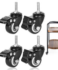 Heavy Duty Two Inch Polyurethane Stem Casters With Smooth Riding Dual Ball Bearings No Fuss Swivel Design Locking Brake Mechanism Top Shelf Black Gliders Pack Of Four positioned beside a wooden cart.