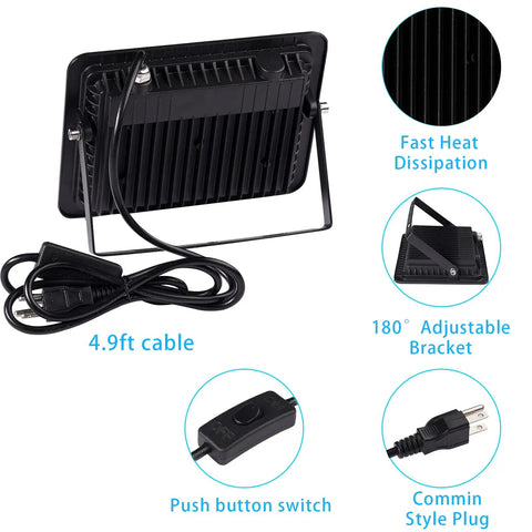 Back view of 365Nm 50W LED Black Light With US Plug And Switch 4.9 Ft Cord IP66 Waterproof showing cable and switch details