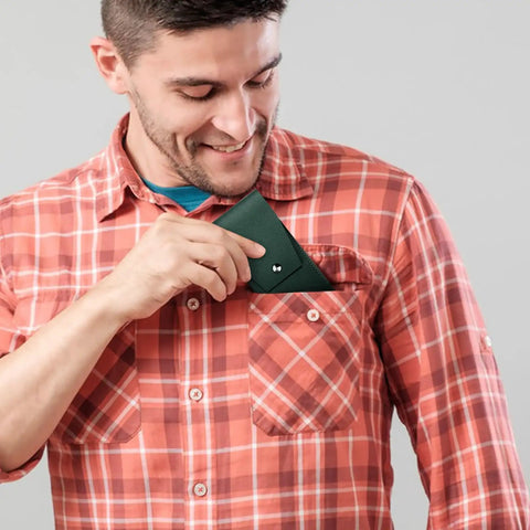 Man inserts 10 Piece Mini Needle File Set With Diamond And Steel Files In Synthetic Leather Case into shirt pocket