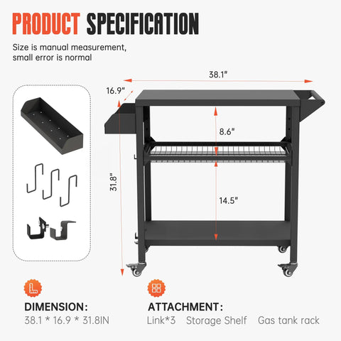 All Weather Outdoor Grill Table On Wheels For Patio Garden And Camping Heavy Duty Movable BBQ Prep Cart with dimensions and features
