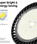 Close-up of UFO LED High Bay Lights 200W 30000 Lumens 5000K Six Pack with high-bright chips and durable aluminum heat sink.