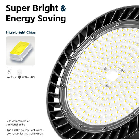 Close-up of UFO LED High Bay Lights 200W 30000 Lumens 5000K Six Pack with high-bright chips and durable aluminum heat sink.