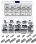 Front view: 140-piece steel keyway and flywheel key set in clear plastic storage box, 3-6 mm.
