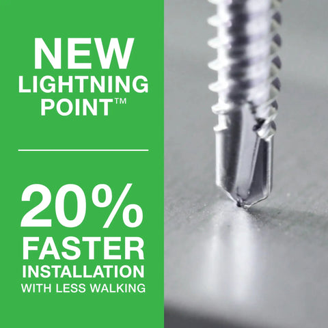 Close-up of Size 10 X 1 Inch Metal To Metal Low Profile Self Drilling Screws with lightning point tip on steel sheet.