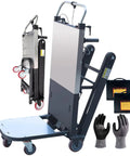 Heavy Duty Electric Stair Climbing Dolly With 850W Motor And Dual Batteries Folds Flat 661 Lb Load Capacity includes gloves and batteries.