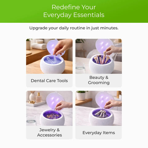 Compact Ultrasonic Cleaner Pod With Uv C Light And Smart One Touch Mode for cleaning dental tools and jewelry effortlessly.