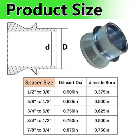 Diagram and size specifications for Rock Solid Heavy Duty 1/2 Inch To 3/8 Inch Heim Joint Misalignment Spacer Kit.