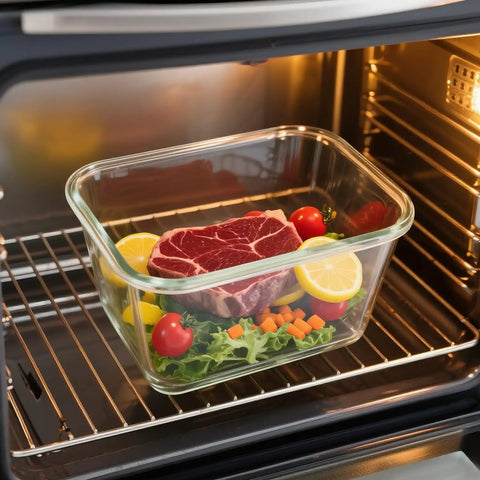 Two Pack Large Glass Storage Containers With Lids 85 Oz 10.5 Cup Airtight Food Storage for Meal Prep in oven with vegetables and meat