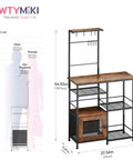 Espresso Coffee Bar Cabinet Organizer With Eight Hooks, Shelves And Door, Microwave Stand dimensions and features display