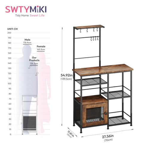Espresso Coffee Bar Cabinet Organizer With Eight Hooks, Shelves And Door, Microwave Stand dimensions and features display