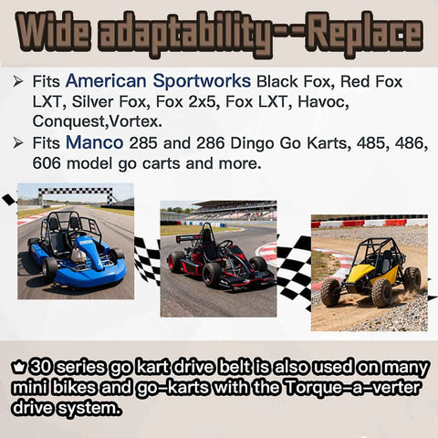 Image of three go karts with text '30 Series Go Kart Drive Belt' and list of compatible American Sportworks and Manco models.