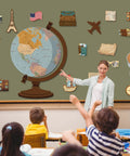 Teacher and students with Travel Theme Bulletin Board Set With Vintage Globe Cutouts And World Map Decor For Classrooms Back To School Wall Display Ideal For Teachers And Students 34.4 By 47.2 Inches Centerpiece Spans 59 By 59 Inches When Fully Arranged