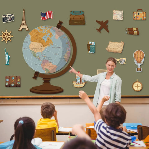 Teacher and students with Travel Theme Bulletin Board Set With Vintage Globe Cutouts And World Map Decor For Classrooms Back To School Wall Display Ideal For Teachers And Students 34.4 By 47.2 Inches Centerpiece Spans 59 By 59 Inches When Fully Arranged