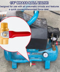 2-Pack Quarter Inch NPT Brass Ball Valve Kit With Shut Off Valve overlay on blue air compressor