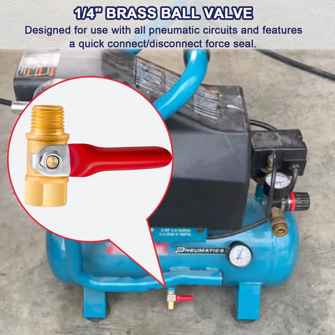2-Pack Quarter Inch NPT Brass Ball Valve Kit With Shut Off Valve overlay on blue air compressor