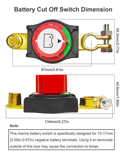 Dimensions of Beefy Negative Battery Disconnect Switch 12V 48V Heavy Duty 300A, showing 97mm width and terminal fit details.