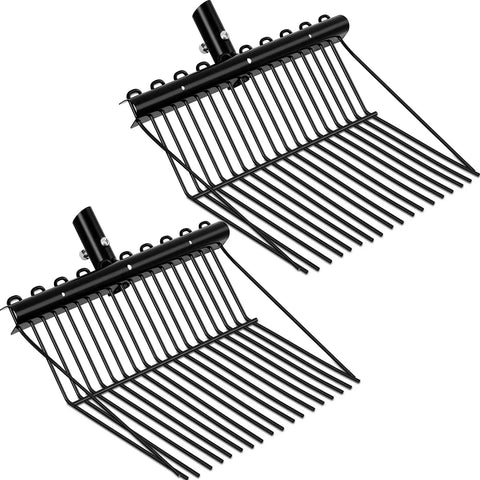 Two Pack Metal Pitch Fork Replacement Heads With Angled Tines For Horse Stall Poop Pickup Manure Rake Garden Pitch Fork Replacement Head Fits One Inch Handle Black Durable, shown with black angled tines and mounts.