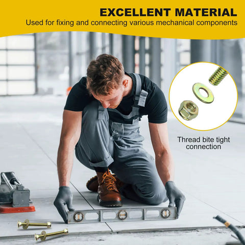 Person using level on floor with Three Eighths Inch By Six Inch Carriage Bolts With Square Neck And Nylon Lock Nuts, Large Washer Assortment Kit nearby